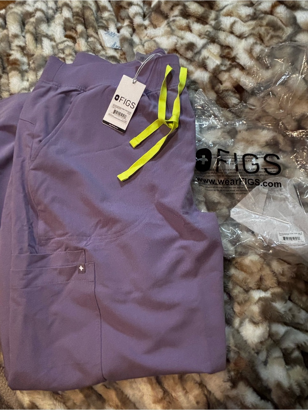 Figs Lavender Haze Scrub Pants with Neon Yellow Drawstring